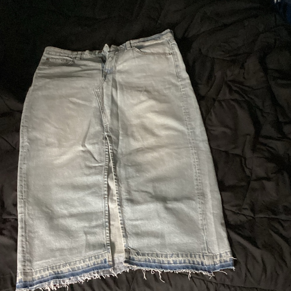 Light Blue Denim Skirt with Raw Hem